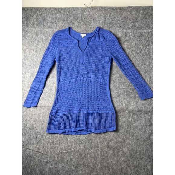 Talbots Sweater Women's Small Blue 100% Cotton Crochet Long Sleeve V-Neck Slit - Picture 1 of 10